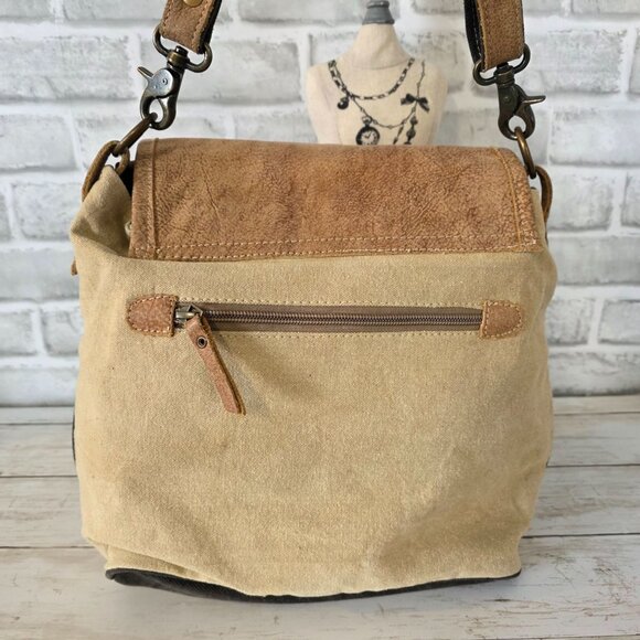 Myra Chicago Canvas Leather Crossbody Bag Distressed Boho Upcycle Grunge - Picture 2 of 7